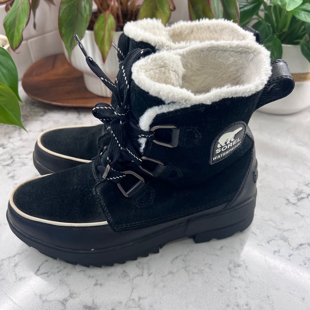 Sorel Explorer II Joan Waterproof Winter Boots Black Suede Faux Fur Womens 10 - Picture 4 of 9
